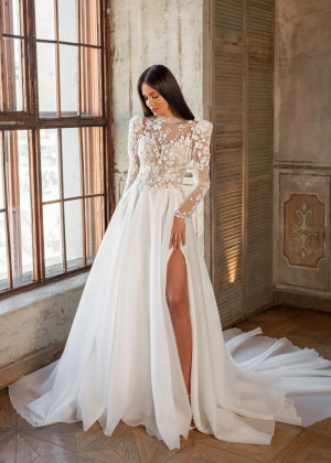 Beaded Ivory Lace Organza Slit Dreamy Wedding Dress